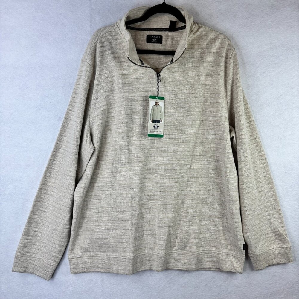 Dockers Men's Quarter Zip Reg Fit Shirt Textured Pullover Beige Size XL NWT